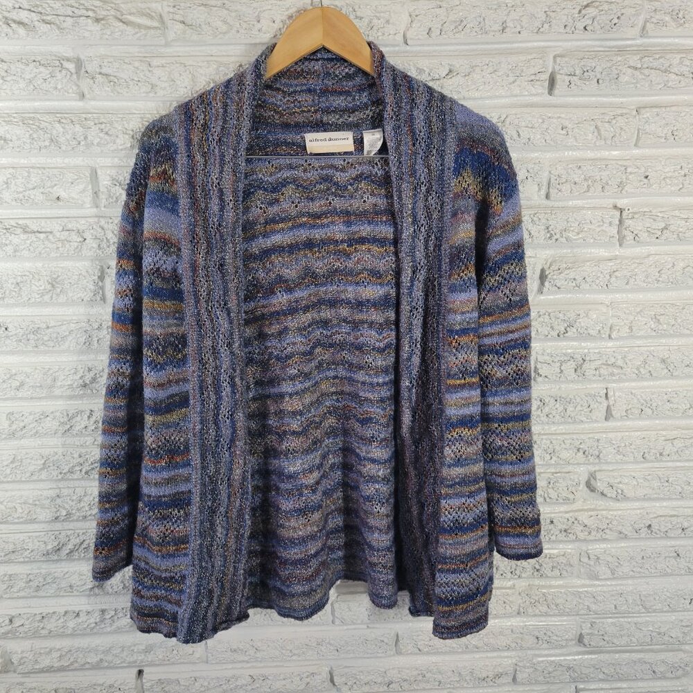 Alfred Dunner 2X Cardigan Sweater Blue Brown Eyelet Open Front 3/4 Sleeve SWE45E